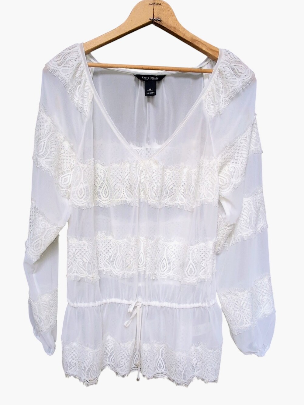 White House Black Market Sheer White Blouse Lace Peasant Boho Women's MEDIUM